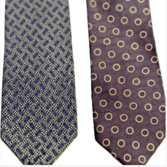 2 Calvin Klein Men Ties Classic Cut Brown/Yellow Circles Blue/Gray Squares Silk - Picture 2 of 3